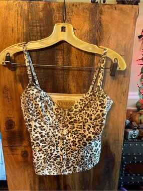 Guess Leopard-Print Zip Bustier Top in Beige and Black
